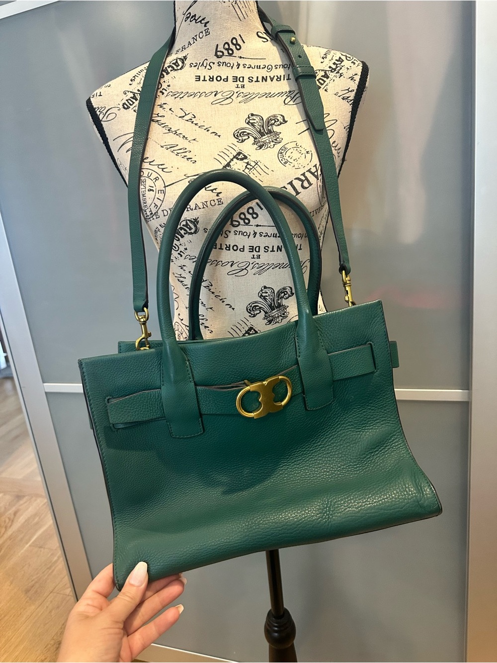 Tory Burch Teal Green Leather Shoulder Tote with Gold Hardware